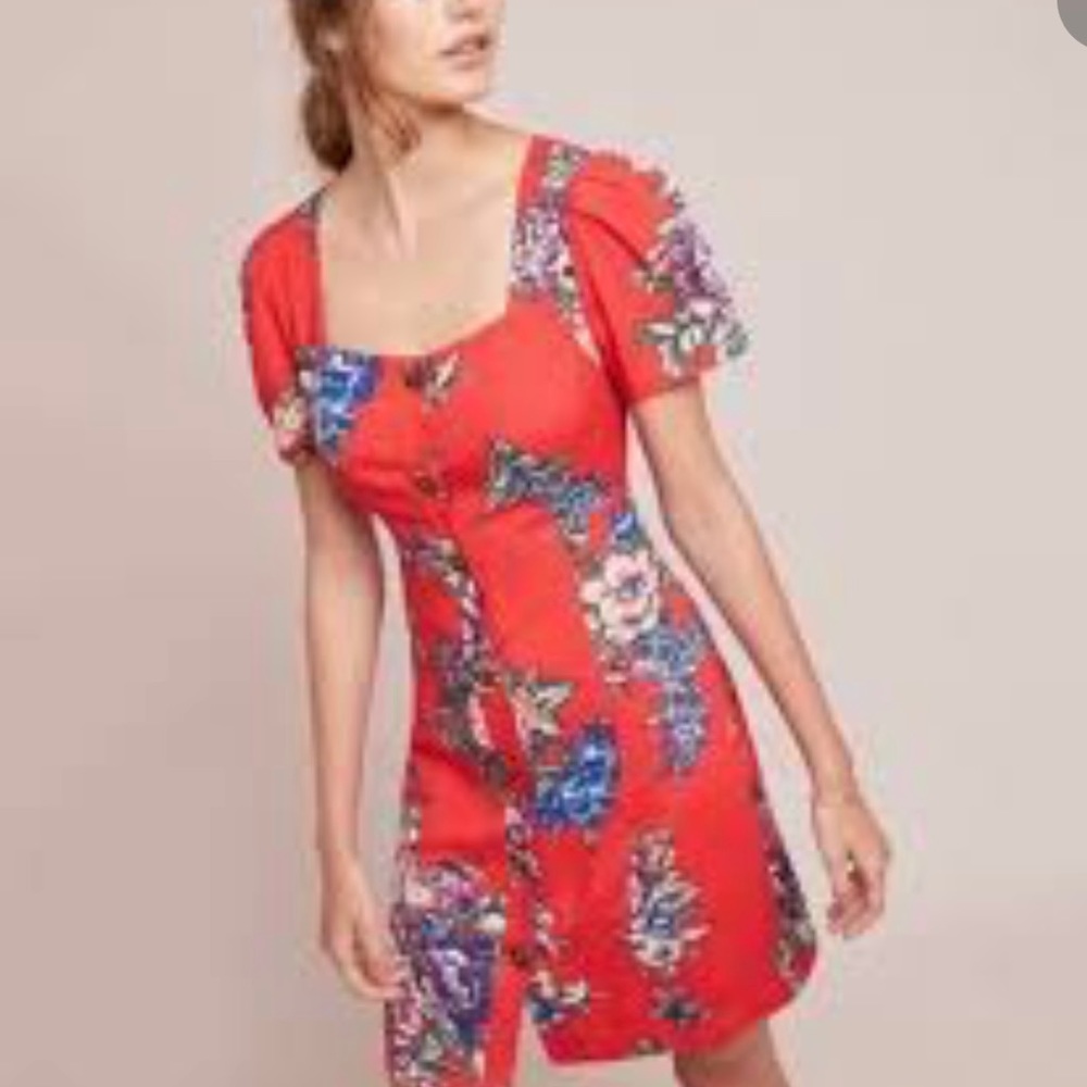 Anthropologie Maeve Caldwell Square Neck Floral Button Up Dress Size 10